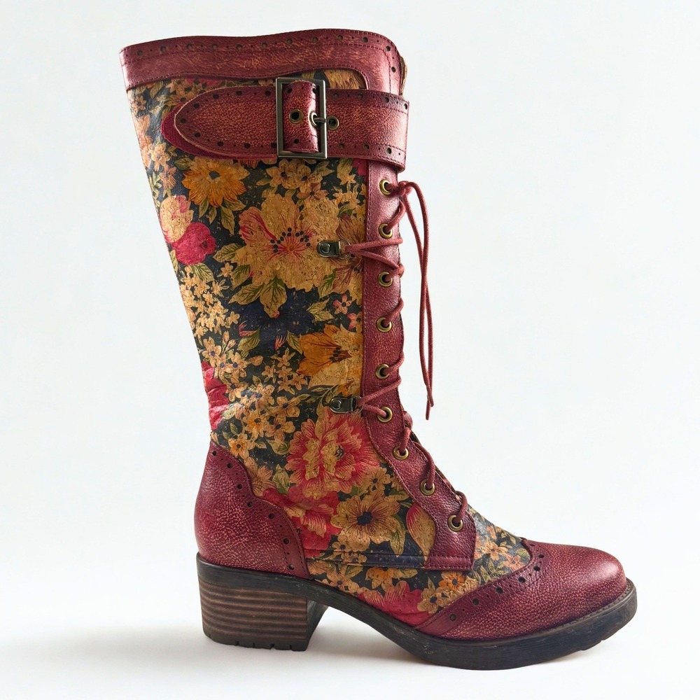L'Artiste Spring Step Kisha-Flora Tall Leather Boots Womens 39 Red Lace Up Artsy